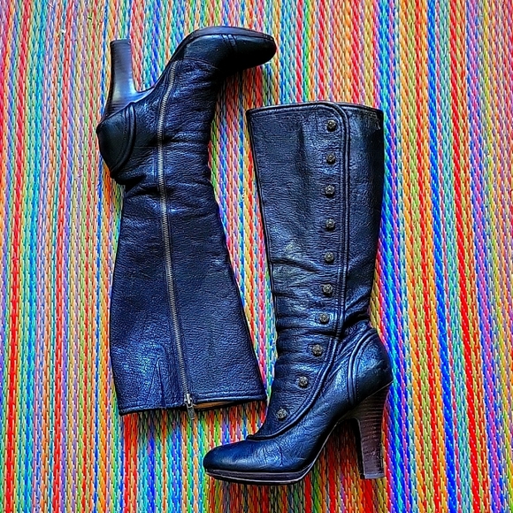Frye Matilda Button Black Leather Boots - Tall, High Heeled - Picture 1 of 7